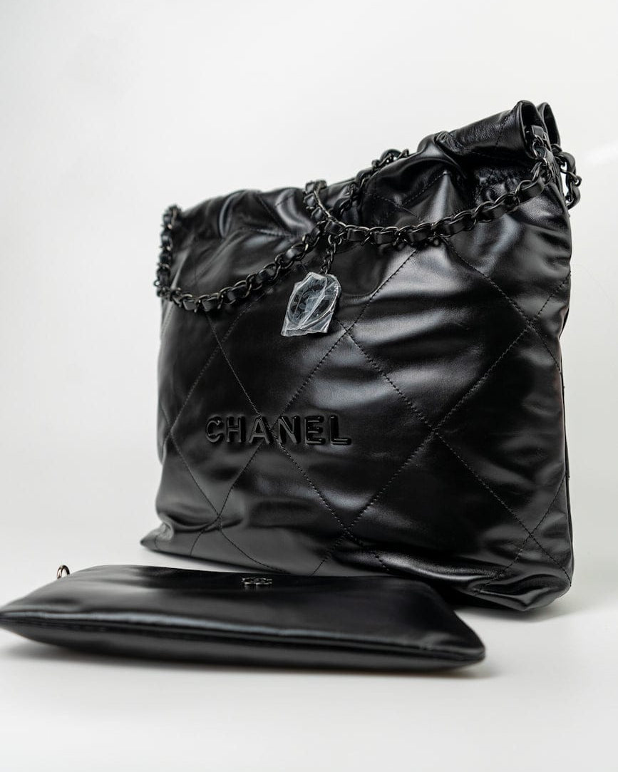 CHANEL Handbag So Black Calfskin Quilted Drawstring 22 Bag small Black Hardware - Redeluxe