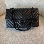 CHANEL Handbag So Black Lambskin Chevron Medium Classic Flap - Redeluxe