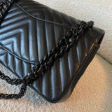 CHANEL Handbag So Black Lambskin Chevron Medium Classic Flap - Redeluxe