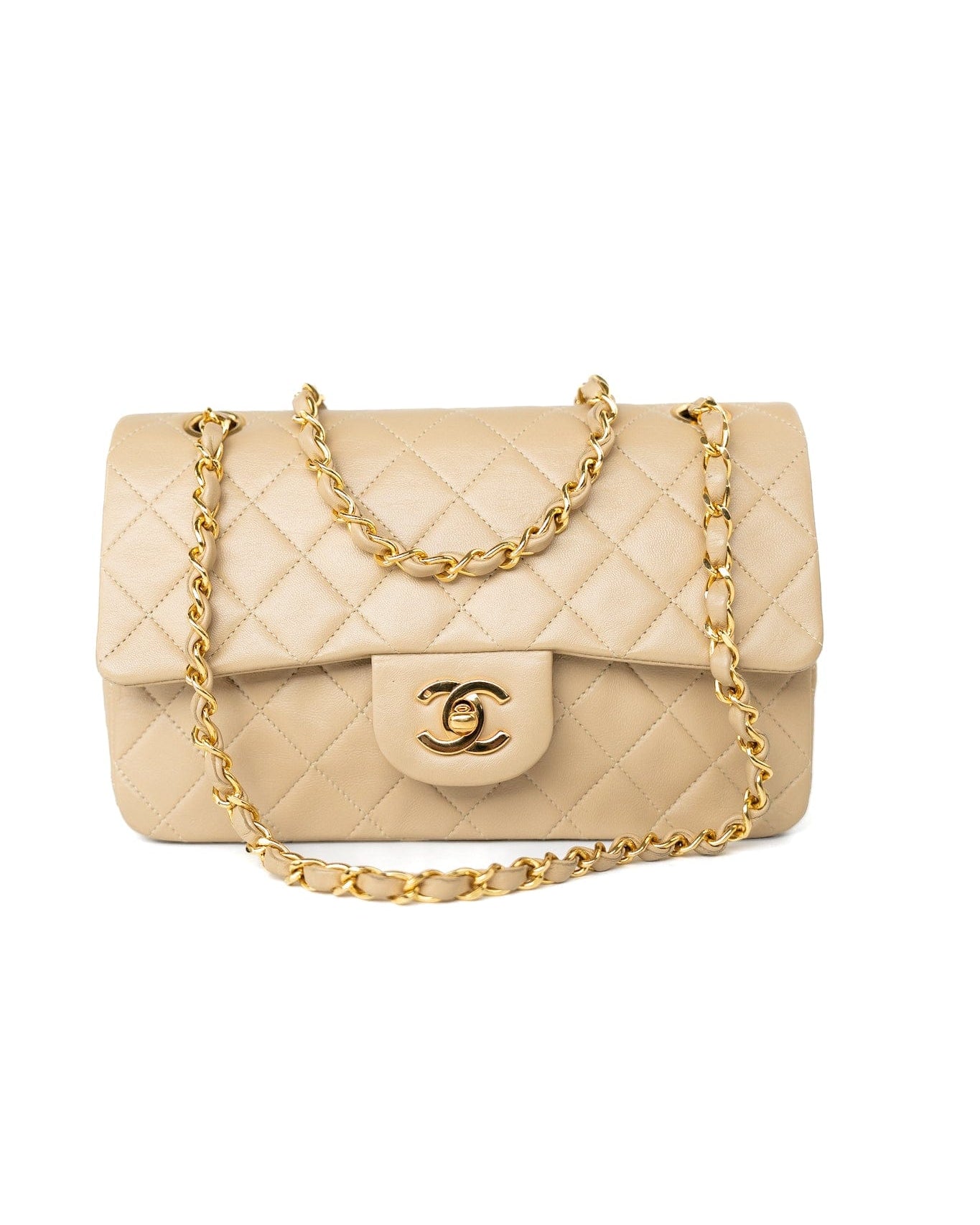 CHANEL Handbag Vintage Beige Lambskin Quilted Classic Flap Small Gold Hardware - Redeluxe