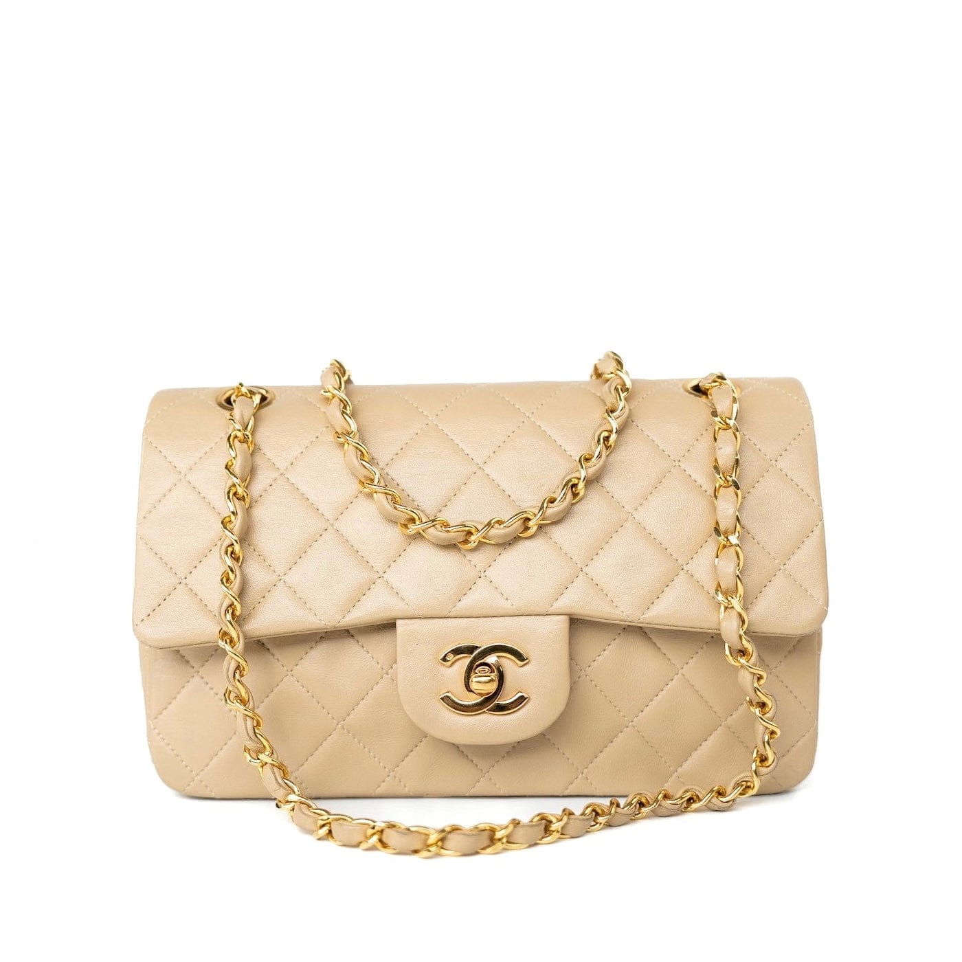 CHANEL Handbag Vintage Beige Lambskin Quilted Classic Flap Small Gold Hardware - Redeluxe