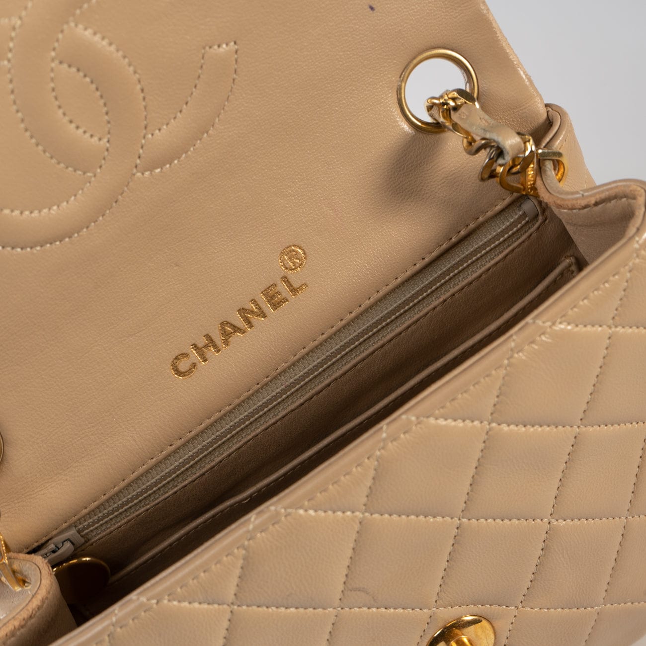 CHANEL Handbag Vintage Beige Mini Square Lambskin Quilted GHW - Redeluxe