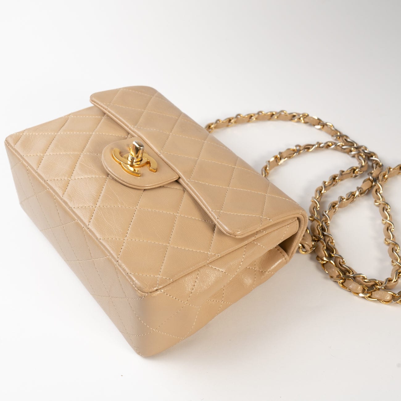 CHANEL Handbag Vintage Beige Mini Square Lambskin Quilted GHW - Redeluxe