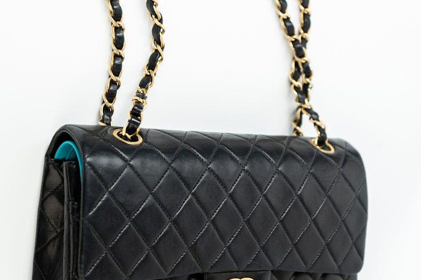 CHANEL Handbag Vintage Black / Turquoise Lambskin Quilted Classic Flap Medium AGHW - Redeluxe