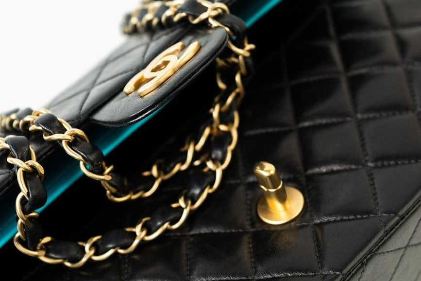 CHANEL Handbag Vintage Black / Turquoise Lambskin Quilted Classic Flap Medium AGHW - Redeluxe