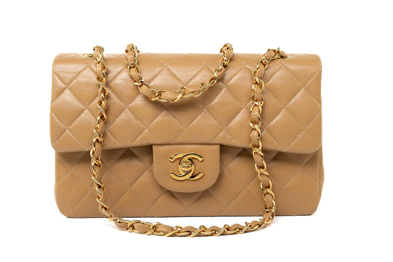 CHANEL Handbag Vintage Dark Beige Lambskin Quilted Classic Flap Small Gold Hardware - Redeluxe