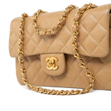 CHANEL Handbag Vintage Dark Beige Lambskin Quilted Classic Flap Small Gold Hardware - Redeluxe