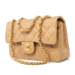 CHANEL Handbag Vintage Dark Beige Lambskin Quilted Classic Flap Small Gold Hardware - Redeluxe