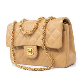 CHANEL Handbag Vintage Dark Beige Lambskin Quilted Classic Flap Small Gold Hardware - Redeluxe