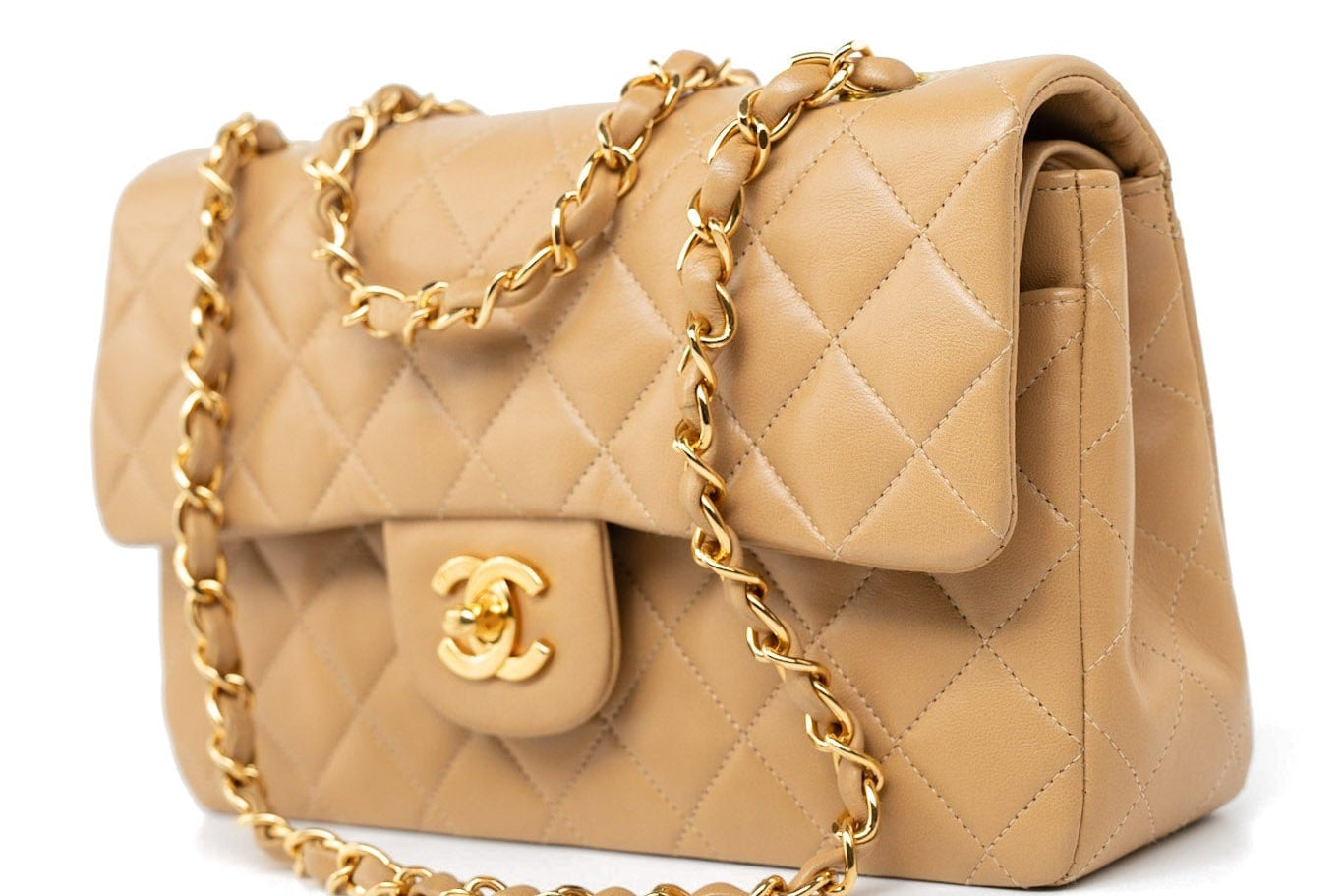 CHANEL Handbag Vintage Dark Beige Lambskin Quilted Classic Flap Small Gold Hardware - Redeluxe