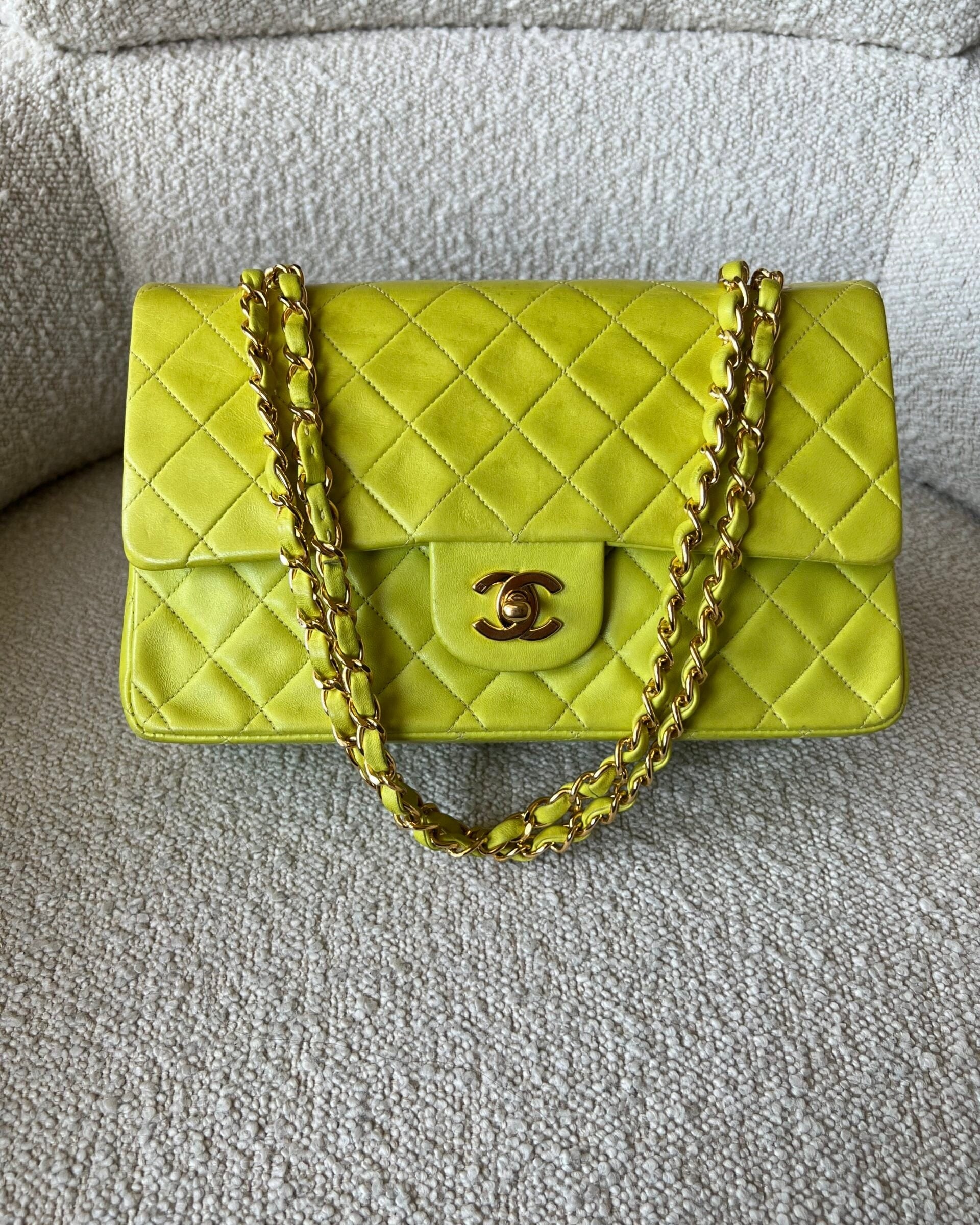 CHANEL Handbag Vintage Neon Green Lambskin Quilted Classic Double Flap Medium Gold Hardware - Redeluxe