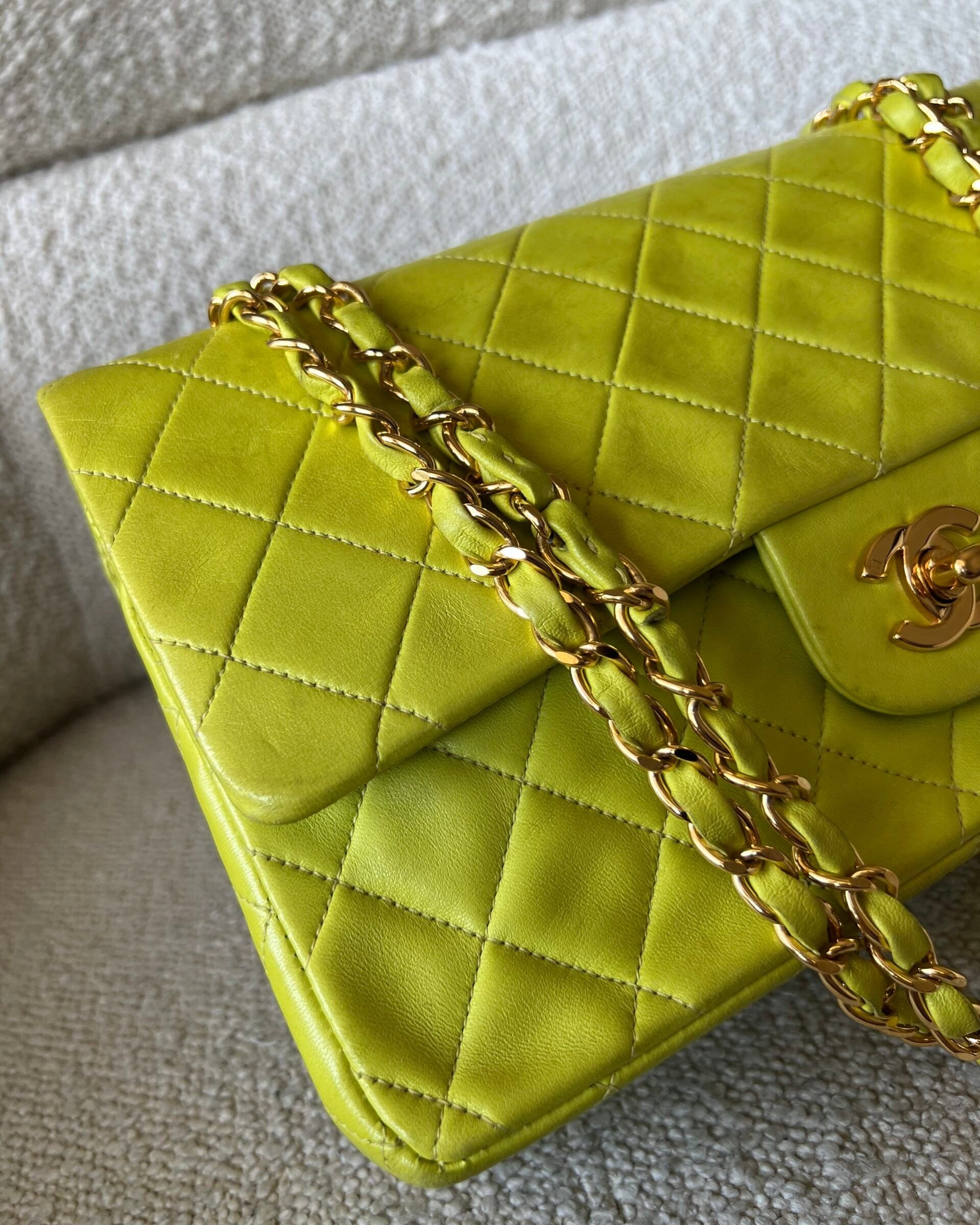 CHANEL Handbag Vintage Neon Green Lambskin Quilted Classic Double Flap Medium Gold Hardware - Redeluxe