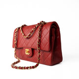 CHANEL Handbag Vintage Red Lambskin Quilted Classic Flap Medium Gold Hardware - Redeluxe