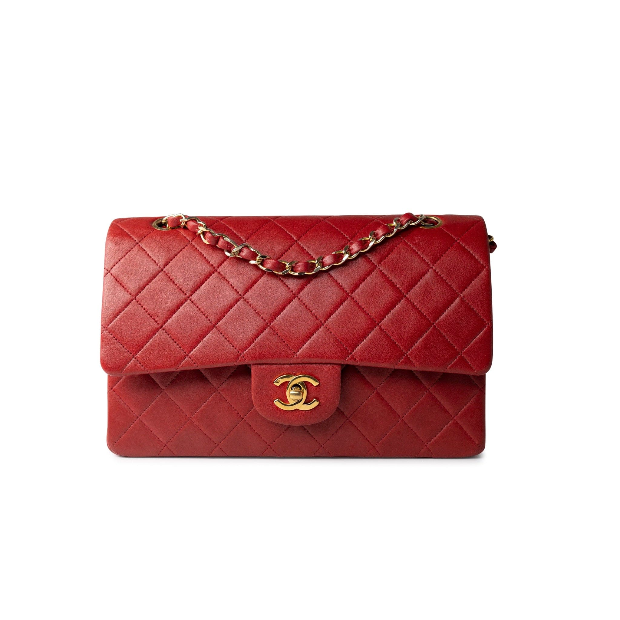 CHANEL Handbag Vintage Red Lambskin Quilted Classic Flap Medium Gold Hardware - Redeluxe