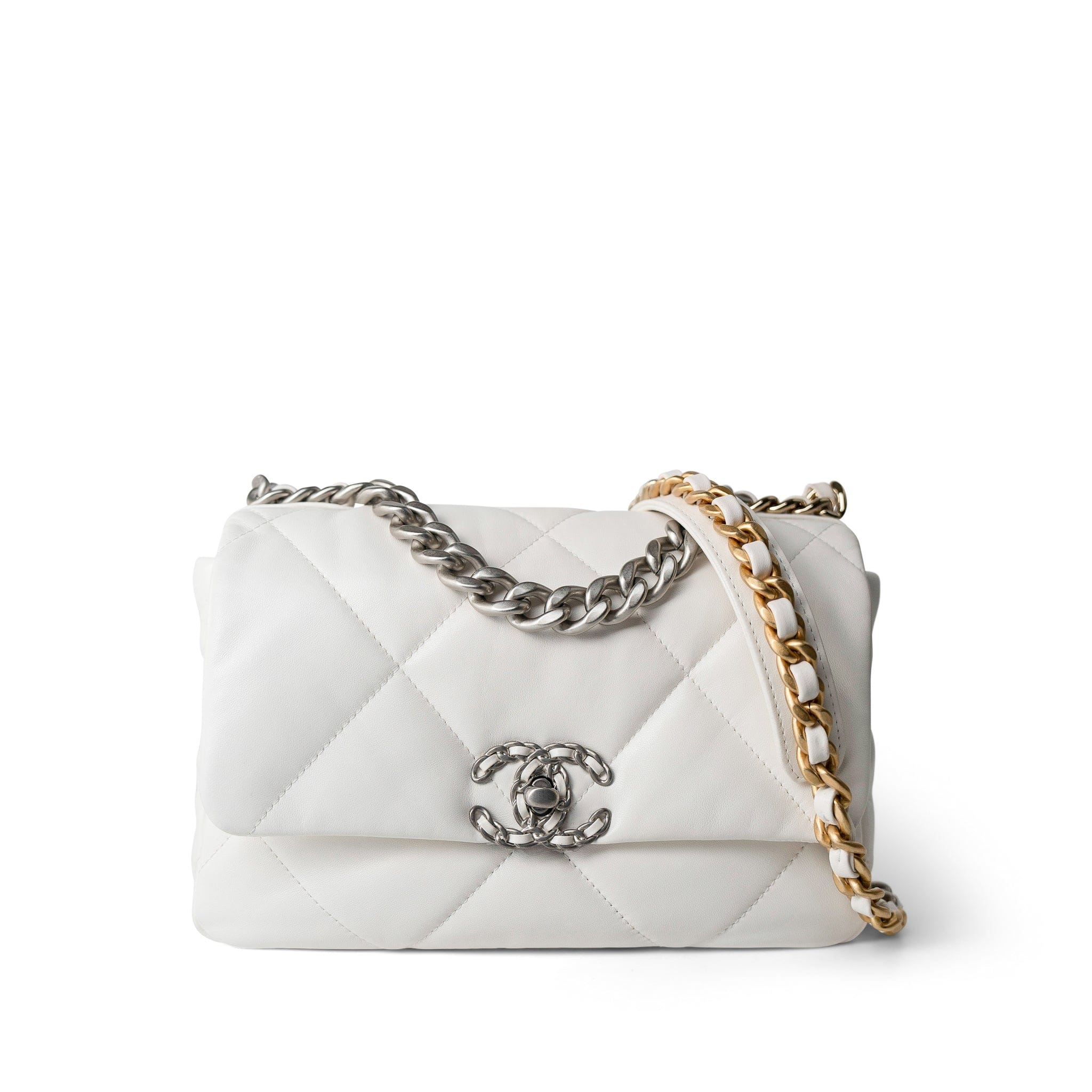 CHANEL Handbag White / 19 22S White Lambskin Quilted 19 Flap Small Reverse Mixed Hardware - Redeluxe