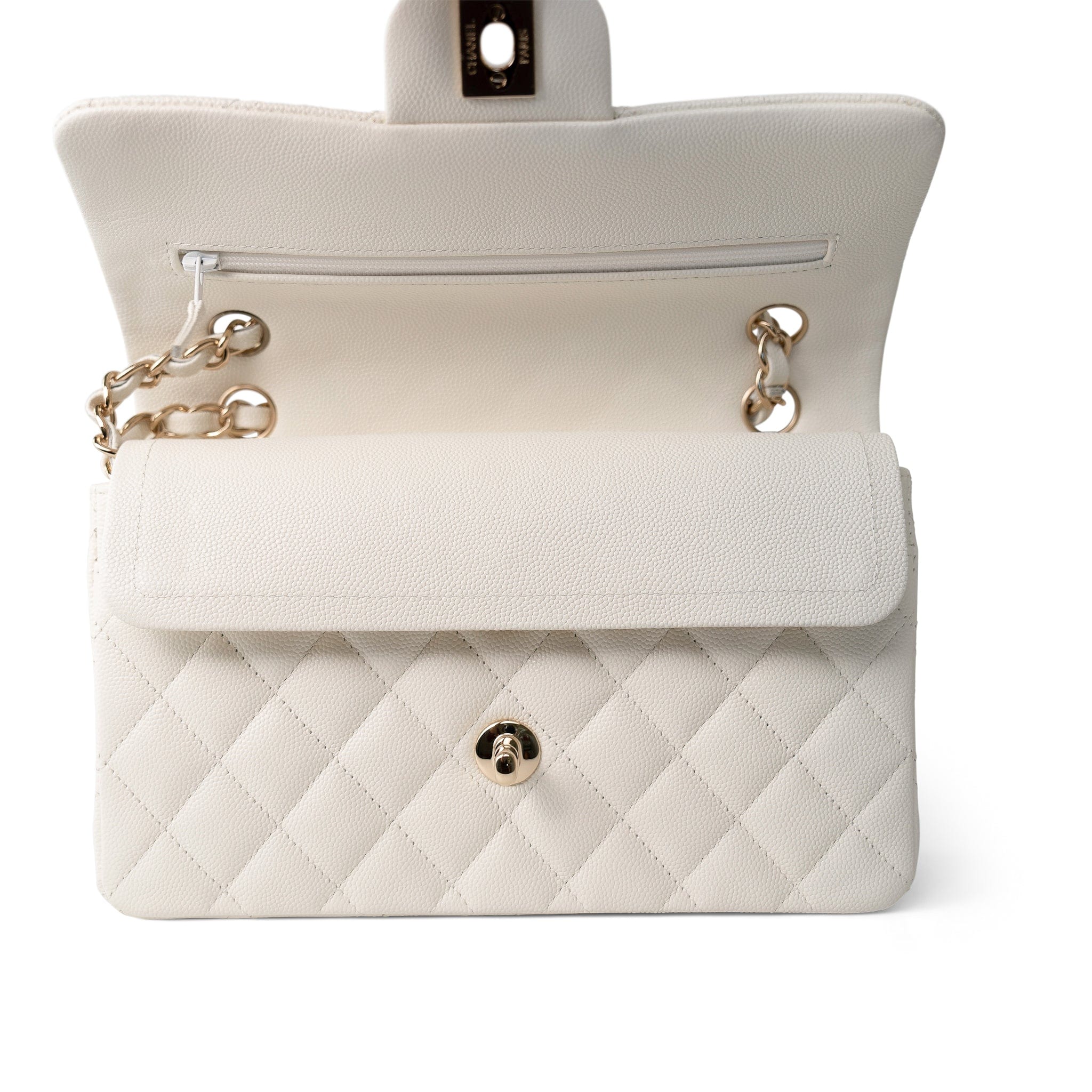 CHANEL Handbag WHITE 21B Ivory Caviar Quilted Classic Flap Small Light Gold Hardware - Redeluxe