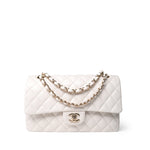 CHANEL Handbag White 21C White Caviar Quilted Classic Flap Medium Light Gold Hardware - Redeluxe