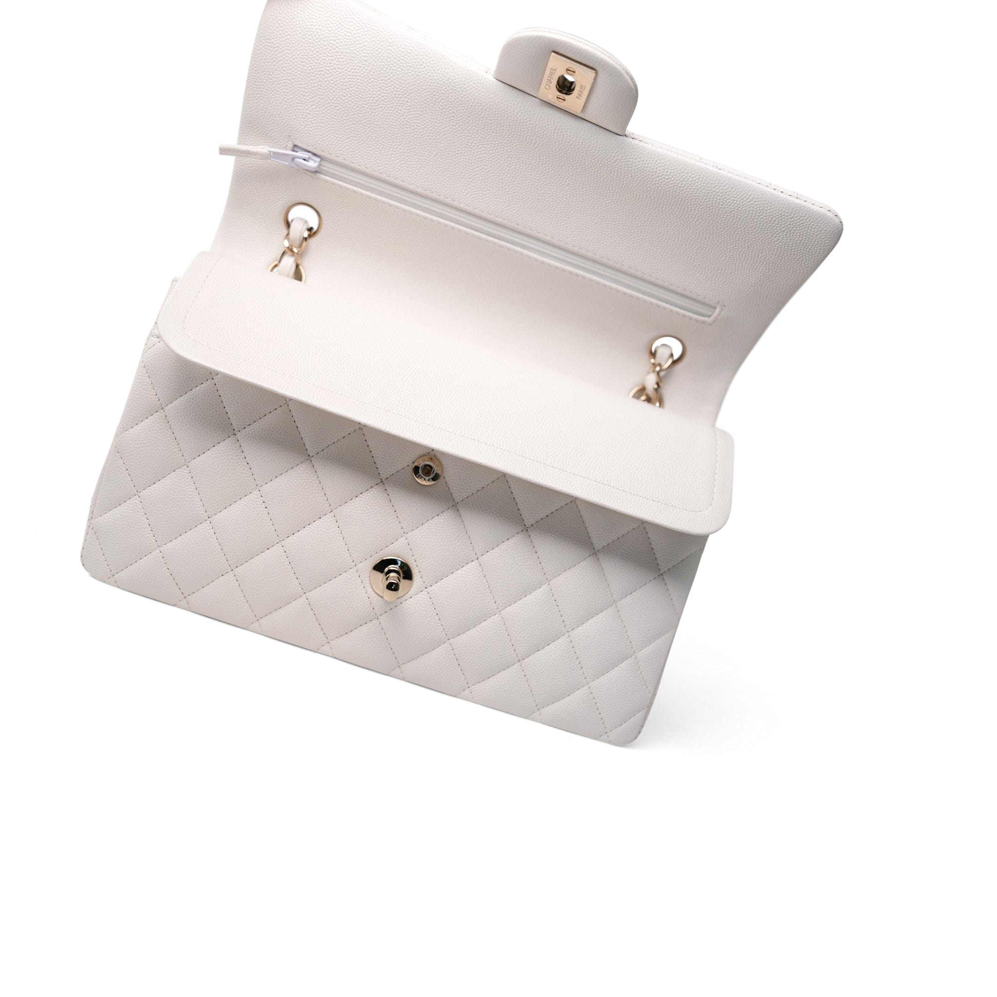 CHANEL Handbag White 21C White Caviar Quilted Classic Flap Medium Light Gold Hardware - Redeluxe