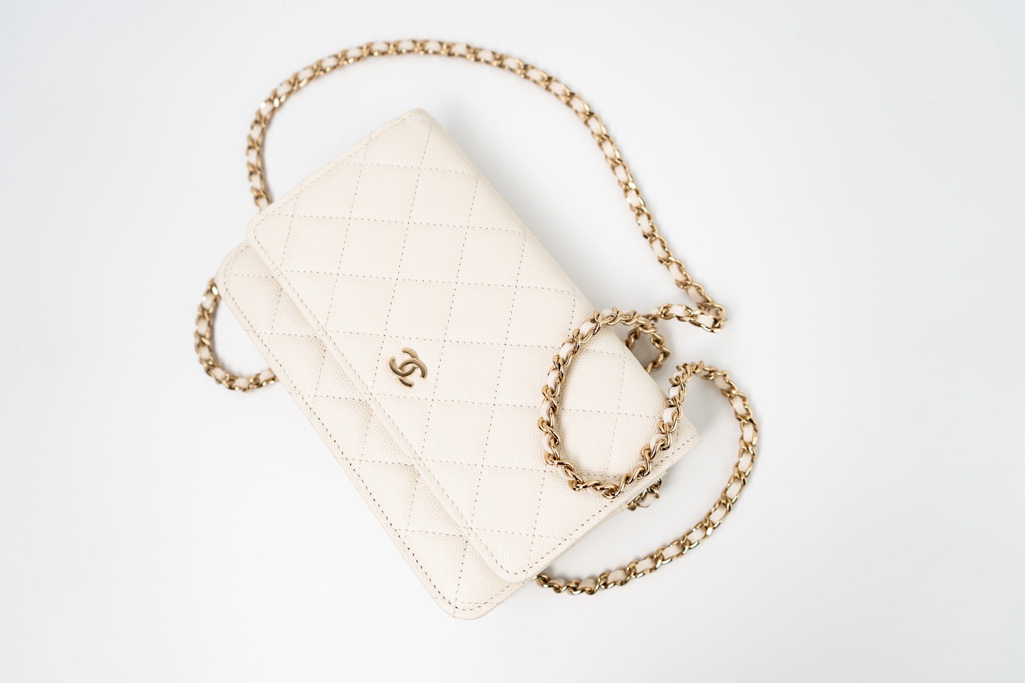 CHANEL Handbag White 22C White Caviar Quilted Wallet On Chain WOC Light Gold Hardware - Redeluxe