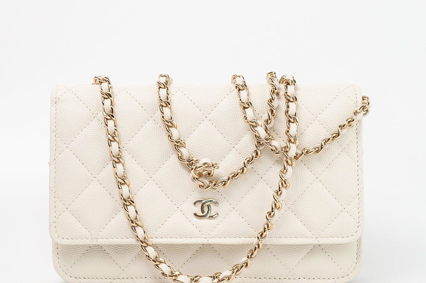 CHANEL Handbag White 22C White Caviar Quilted Wallet On Chain WOC Light Gold Hardware - Redeluxe