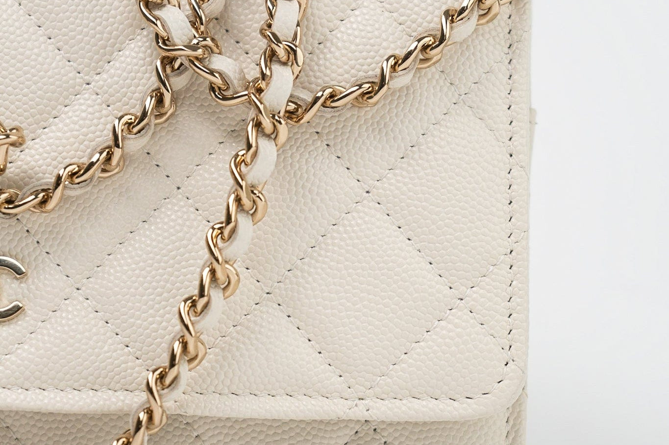 CHANEL Handbag White 22C White Caviar Quilted Wallet On Chain WOC Light Gold Hardware - Redeluxe