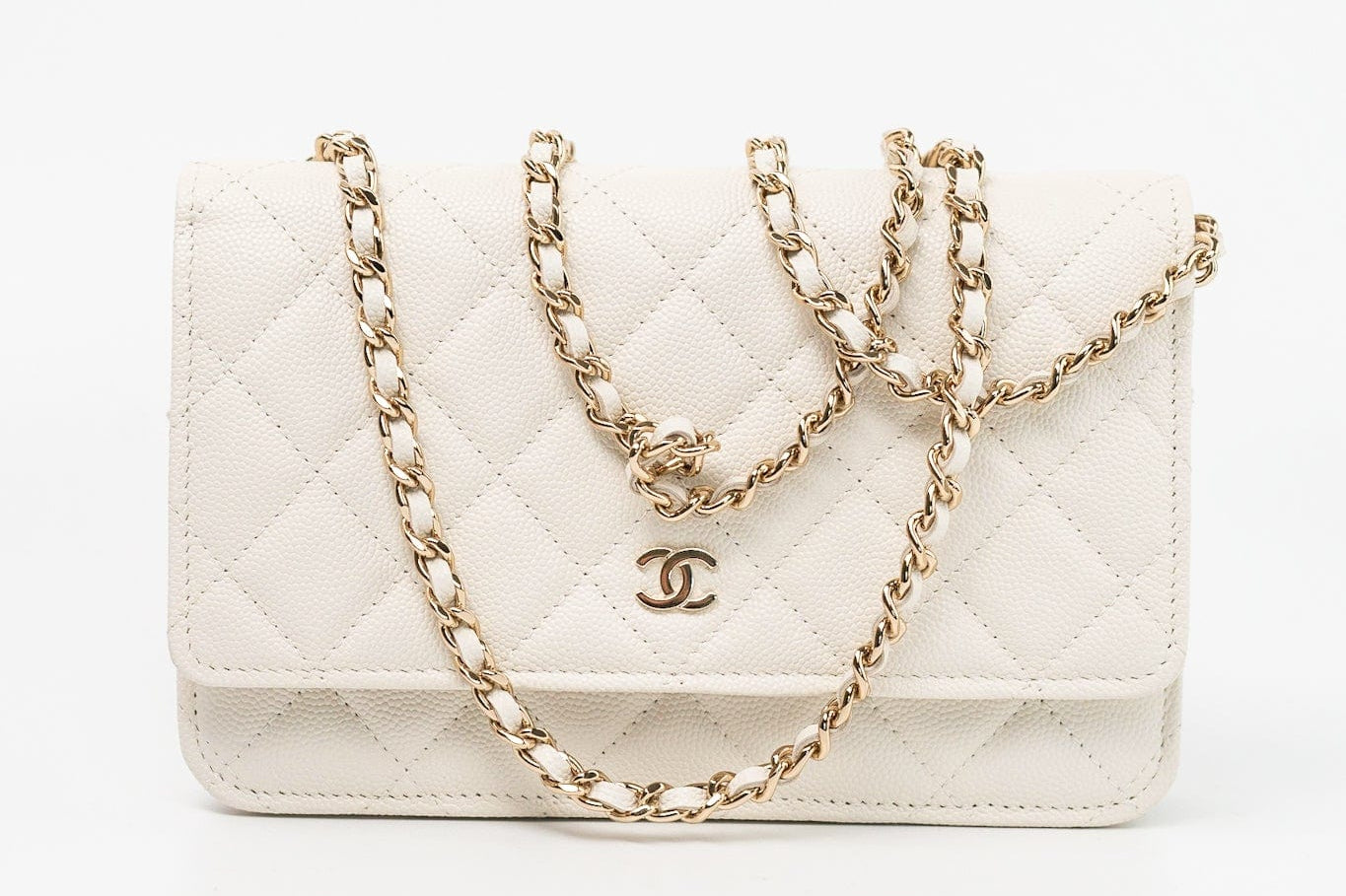 CHANEL Handbag White 22C White Caviar Quilted Wallet On Chain WOC Light Gold Hardware - Redeluxe