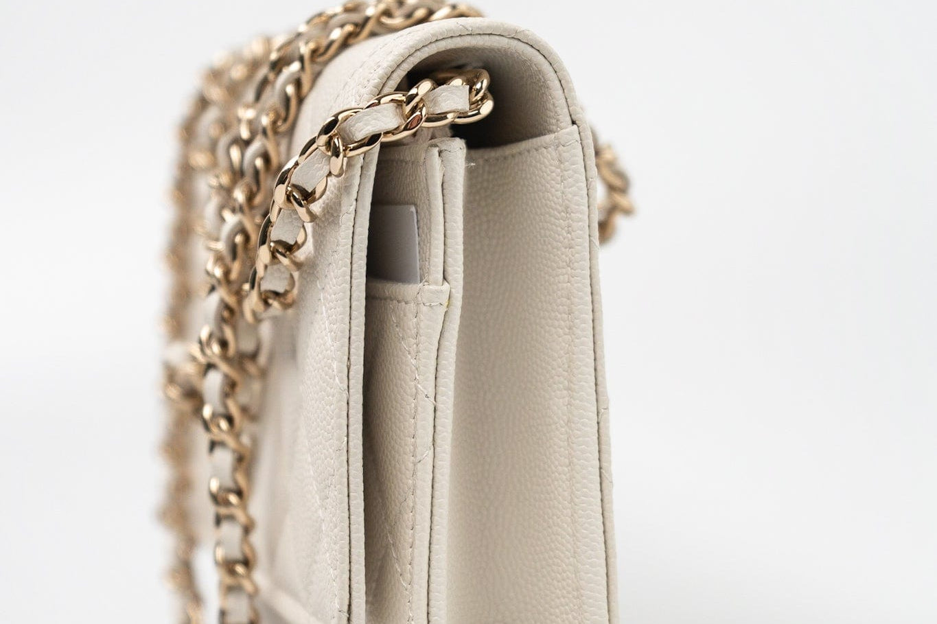 CHANEL Handbag White 22C White Caviar Quilted Wallet On Chain WOC Light Gold Hardware - Redeluxe