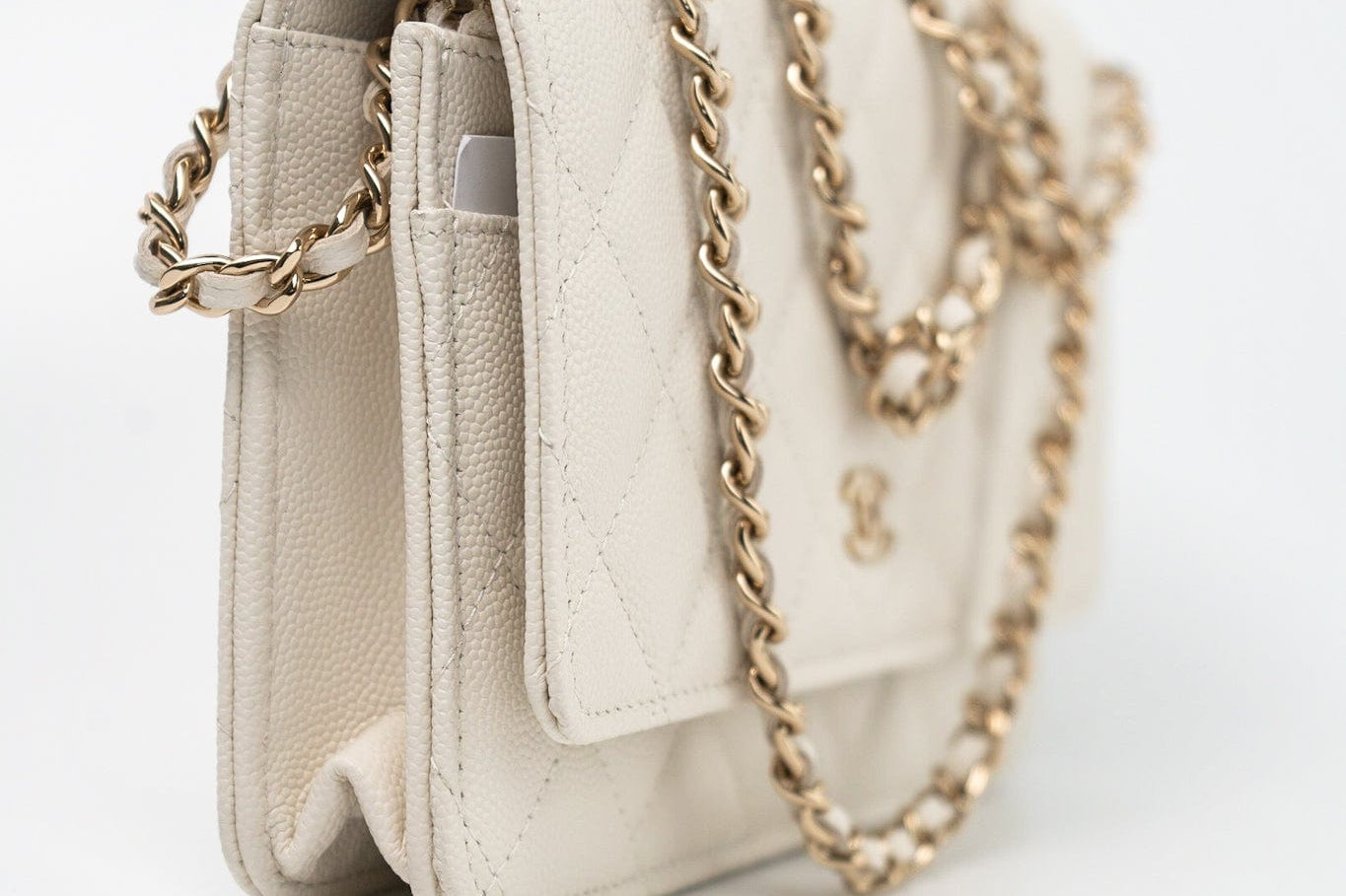 CHANEL Handbag White 22C White Caviar Quilted Wallet On Chain WOC Light Gold Hardware - Redeluxe