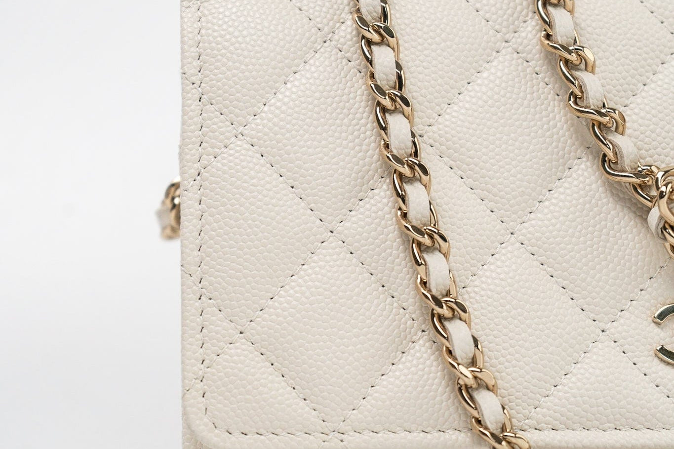 CHANEL Handbag White 22C White Caviar Quilted Wallet On Chain WOC Light Gold Hardware - Redeluxe