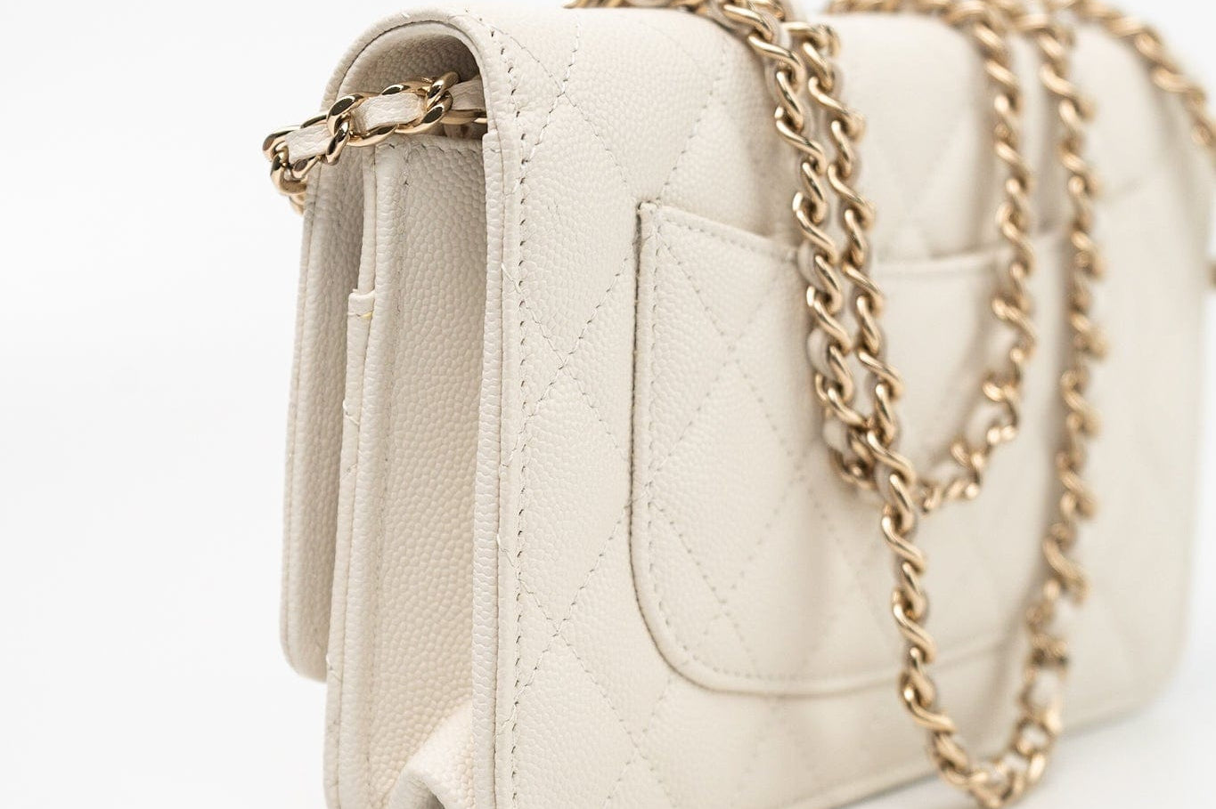 CHANEL Handbag White 22C White Caviar Quilted Wallet On Chain WOC Light Gold Hardware - Redeluxe