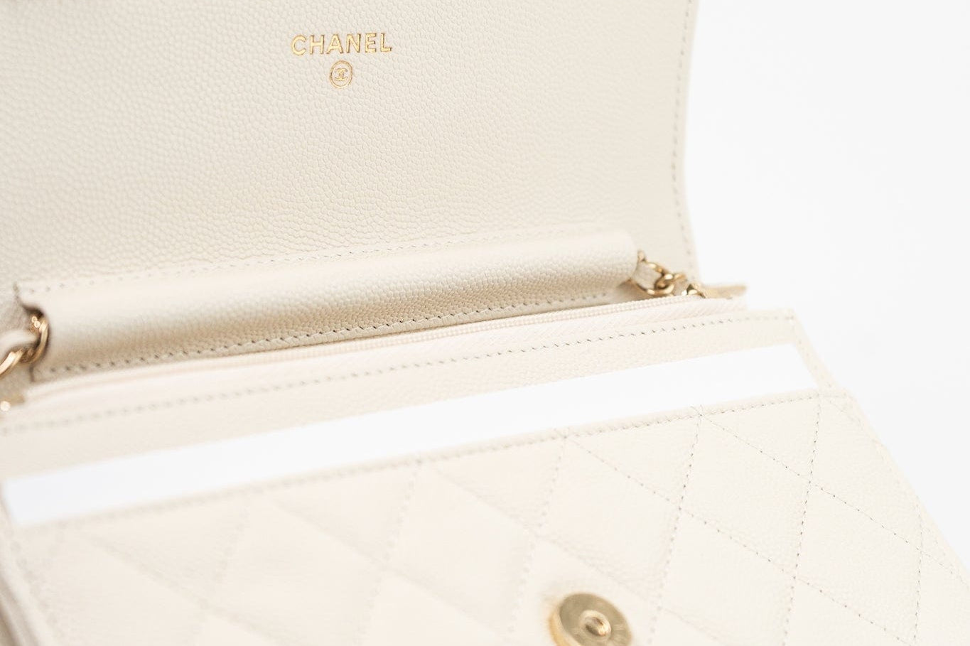 CHANEL Handbag White 22C White Caviar Quilted Wallet On Chain WOC Light Gold Hardware - Redeluxe