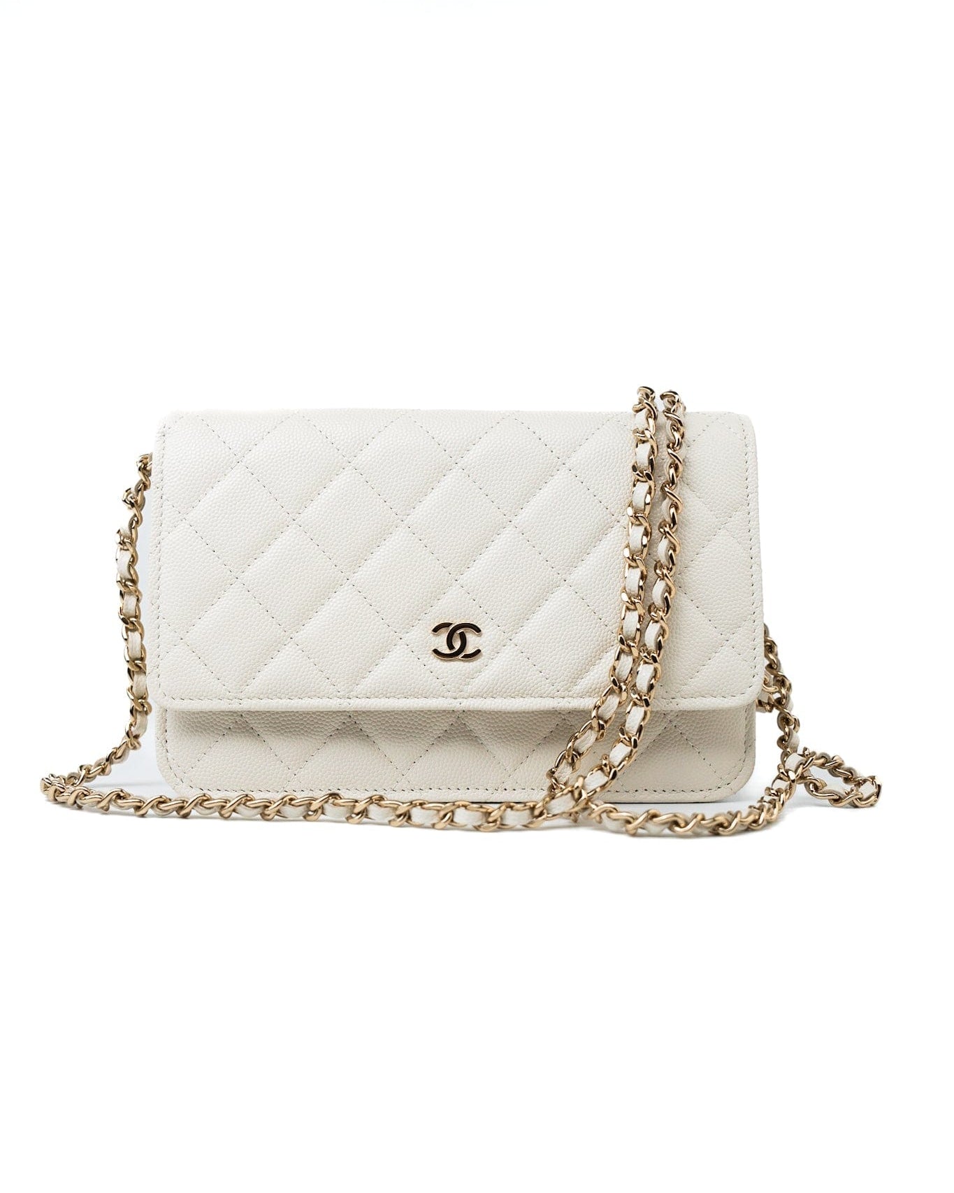 CHANEL Handbag White 22C White Caviar Quilted Wallet On Chain WOC Light Gold Hardware - Redeluxe