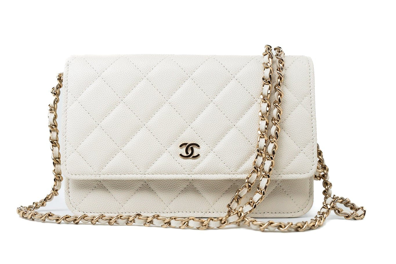 CHANEL Handbag White 22C White Caviar Quilted Wallet On Chain WOC Light Gold Hardware - Redeluxe