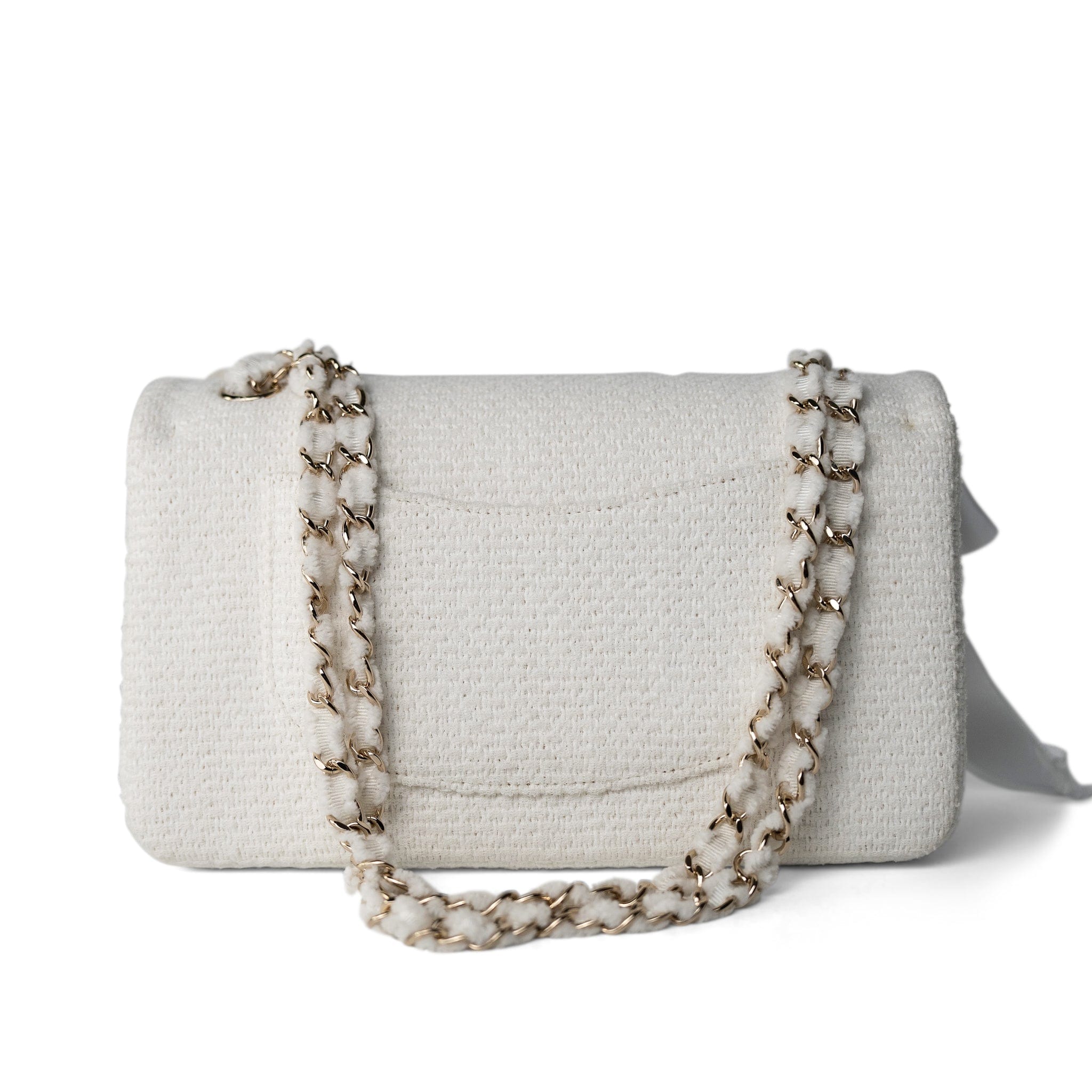 CHANEL Handbag White 22C White Tweed Classic Flap Medium - Redeluxe