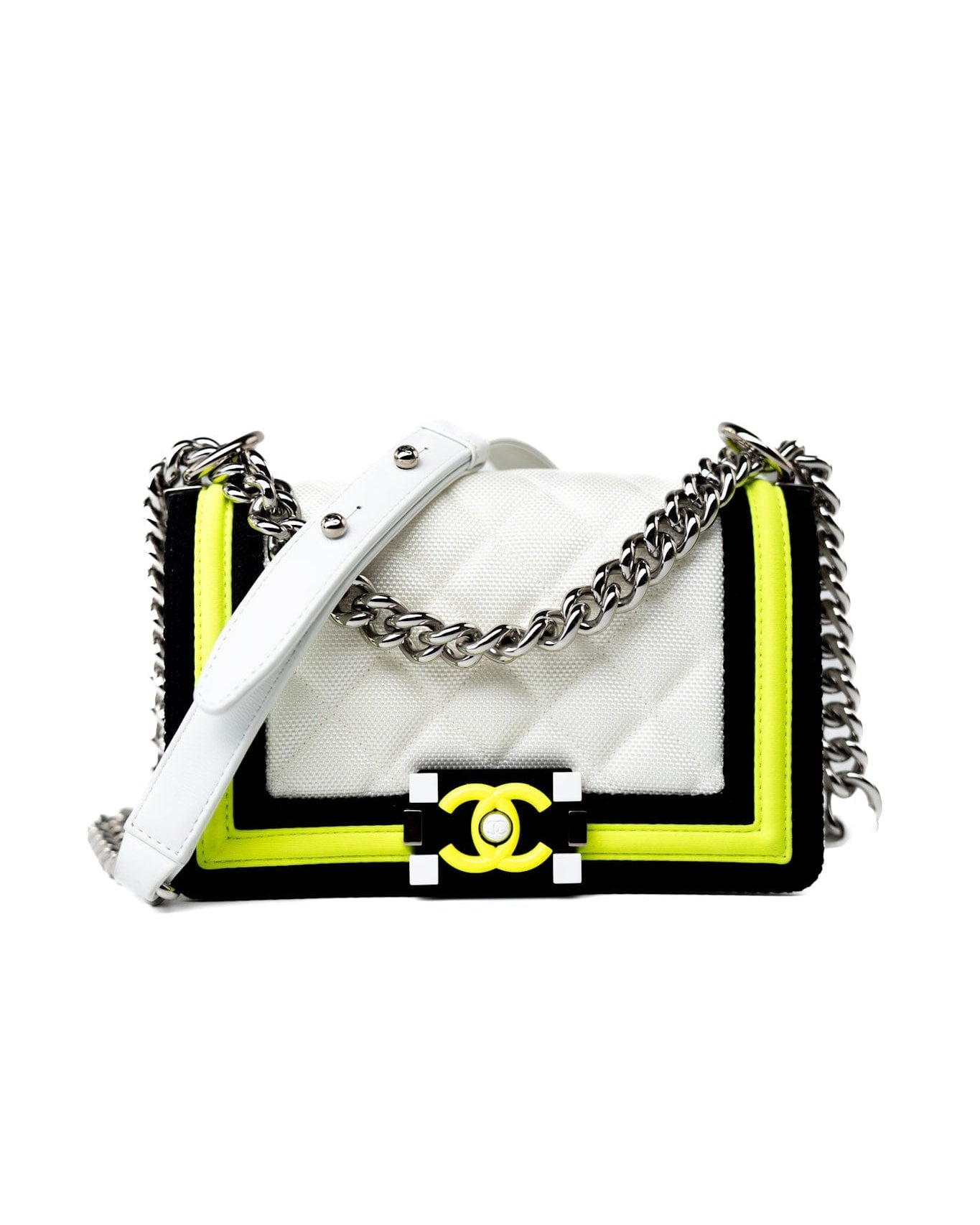 CHANEL Handbag White Small Fluo Boy Flap Nylon Quilted White Black Yellow - Redeluxe