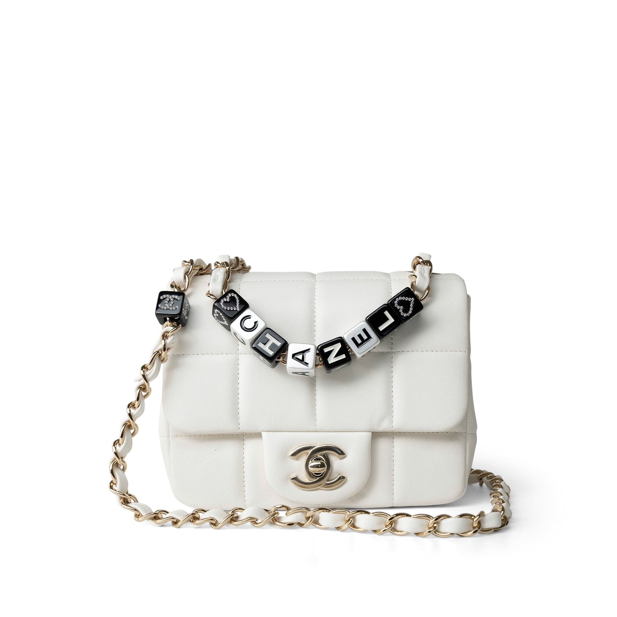 CHANEL Handbag White White Lambskin Resin Crystal Square Quilted Monacoco Mini Square Flap - Redeluxe