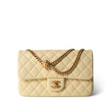 CHANEL Handbag Yellow 23S Light Yellow Lambskin Quilted Sweet Camelia Medium Single Flap Aged Gold Hardware - Redeluxe