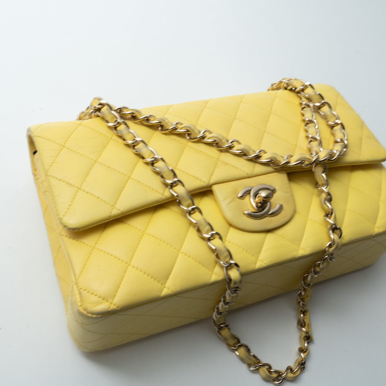 CHANEL Handbag Yellow Lambskin Quilted Double Classic Flap Medium Light Gold Hardware - Redeluxe