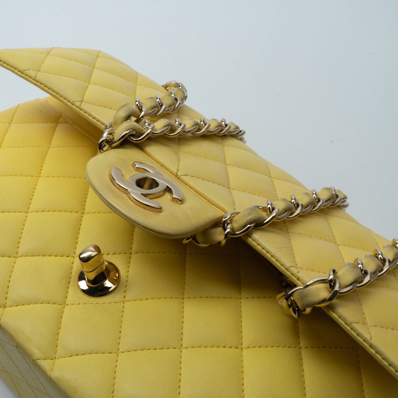 CHANEL Handbag Yellow Lambskin Quilted Double Classic Flap Medium Light Gold Hardware - Redeluxe