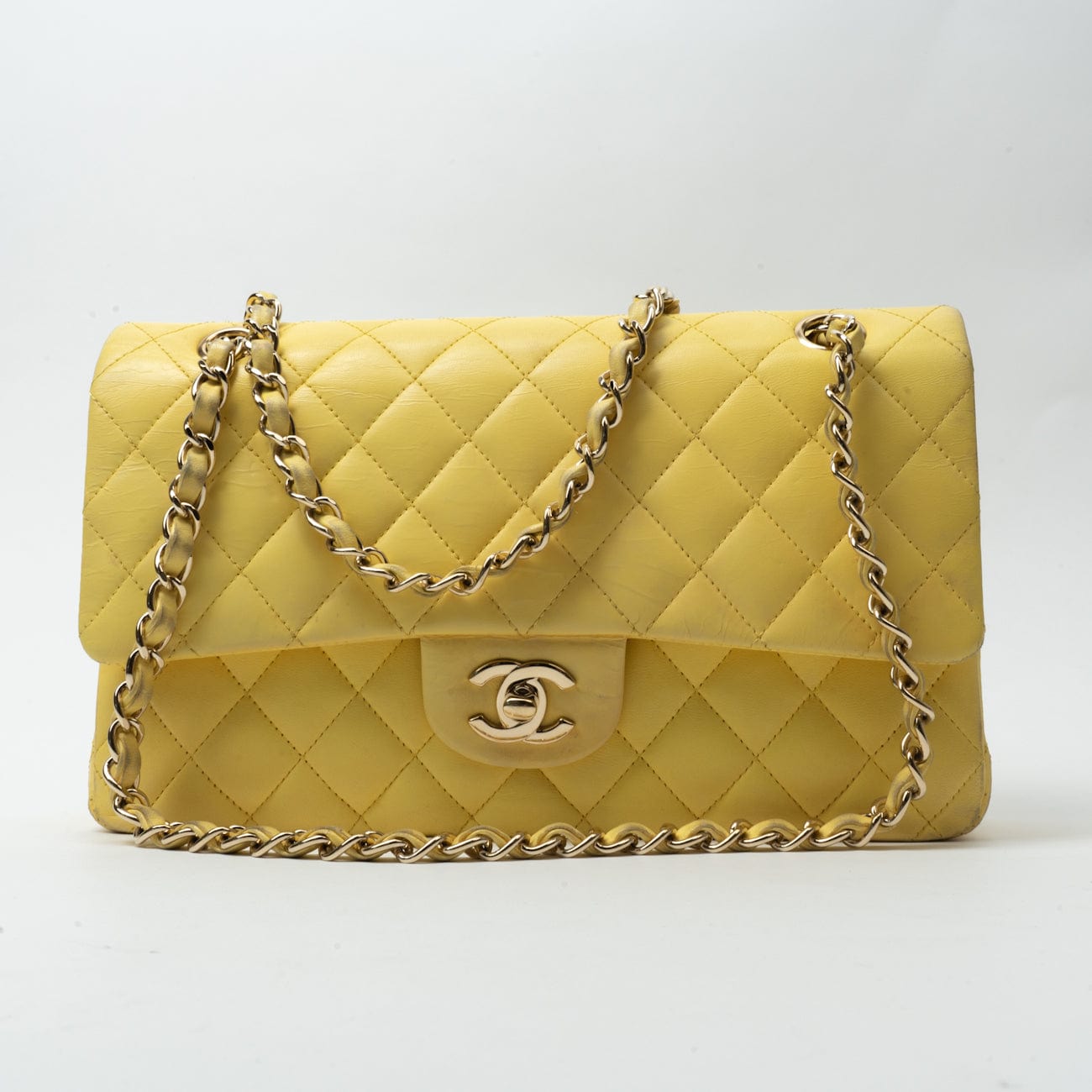 CHANEL Handbag Yellow Lambskin Quilted Double Classic Flap Medium Light Gold Hardware - Redeluxe