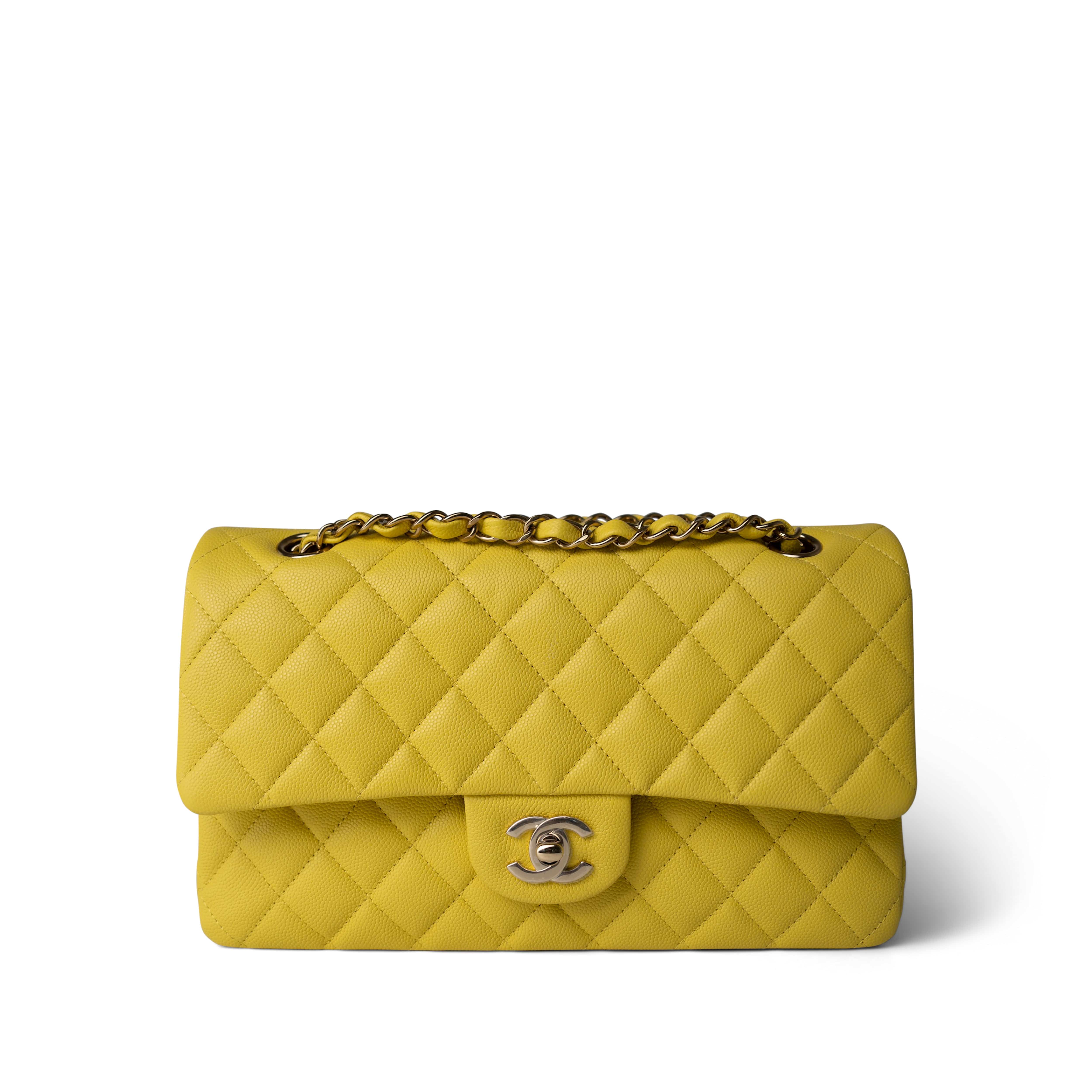 CHANEL Handbag YELLOW Yellow Caviar Quilted Classic Flap Medium Light Gold Hardware - Redeluxe