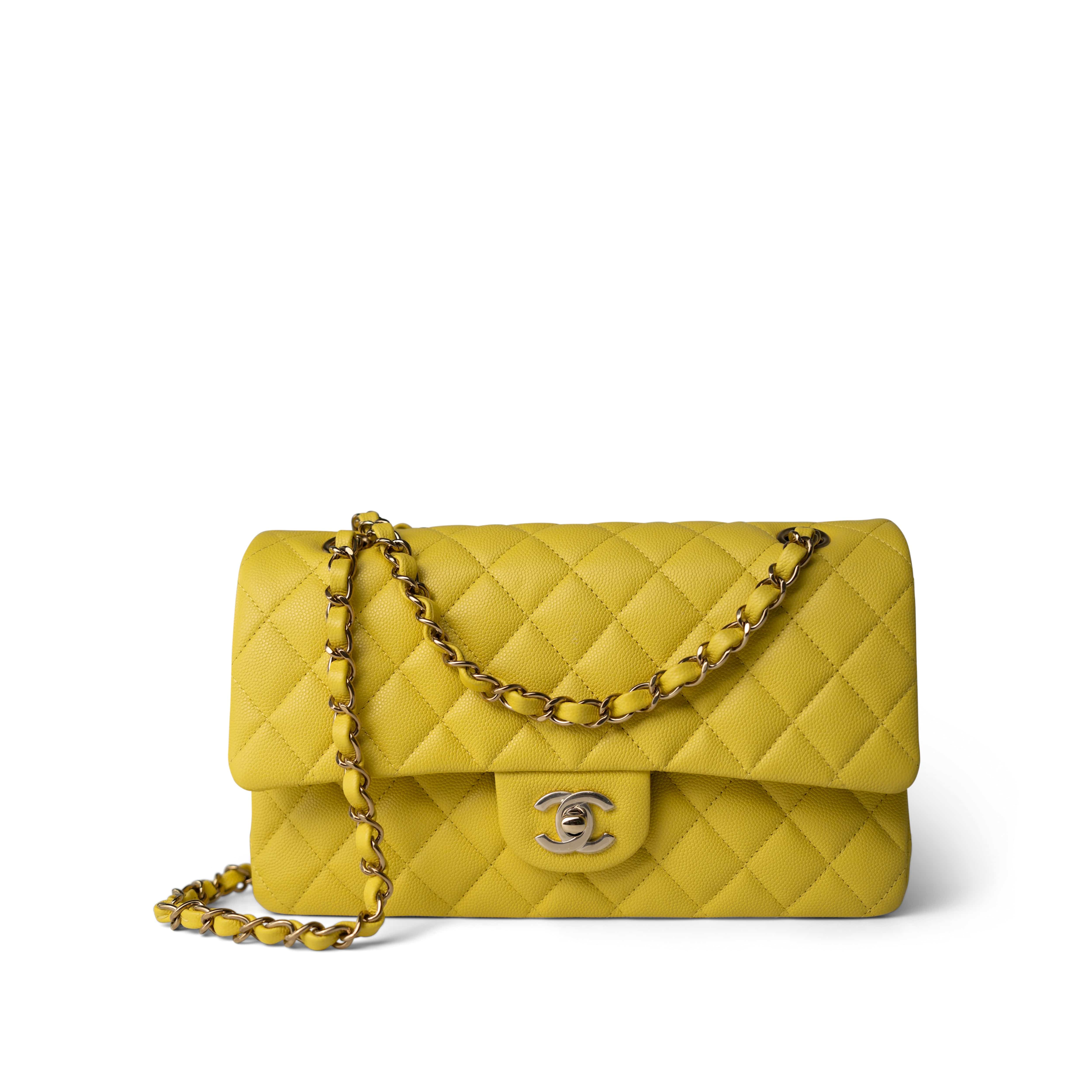 CHANEL Handbag YELLOW Yellow Caviar Quilted Classic Flap Medium Light Gold Hardware - Redeluxe