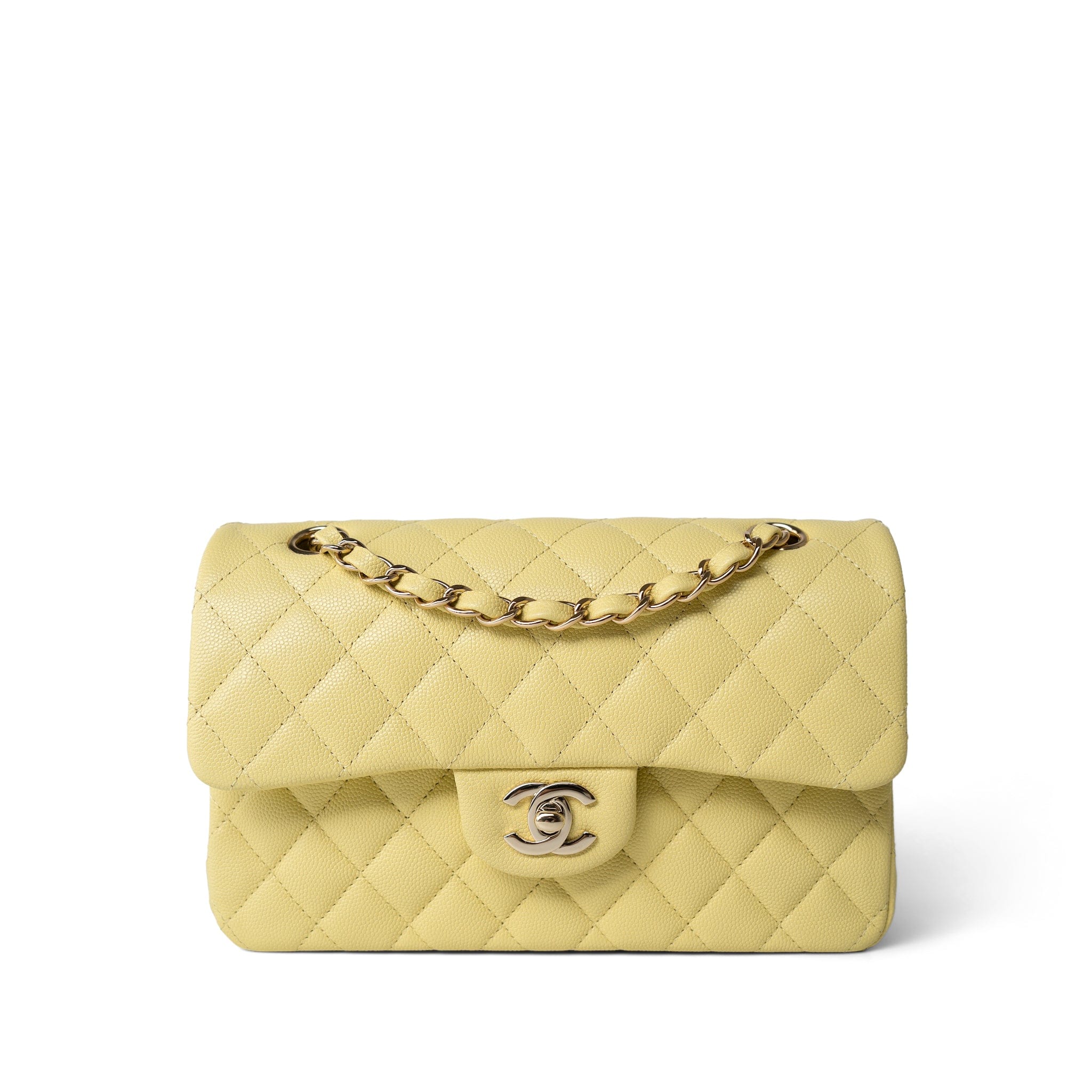 CHANEL Handbag Yellow Yellow Caviar Quilted Classic Flap Small Light Gold Hardware - Redeluxe