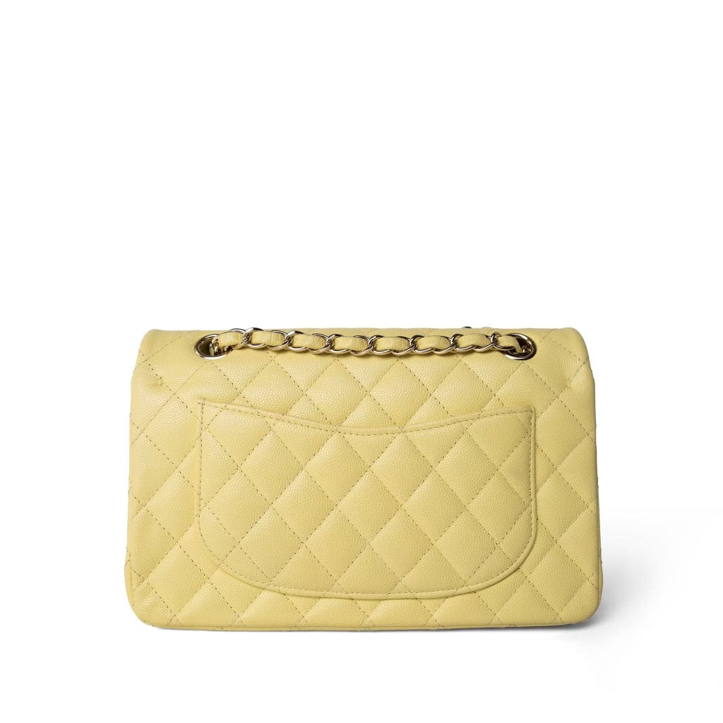 CHANEL Handbag Yellow Yellow Caviar Quilted Classic Flap Small Light Gold Hardware - Redeluxe