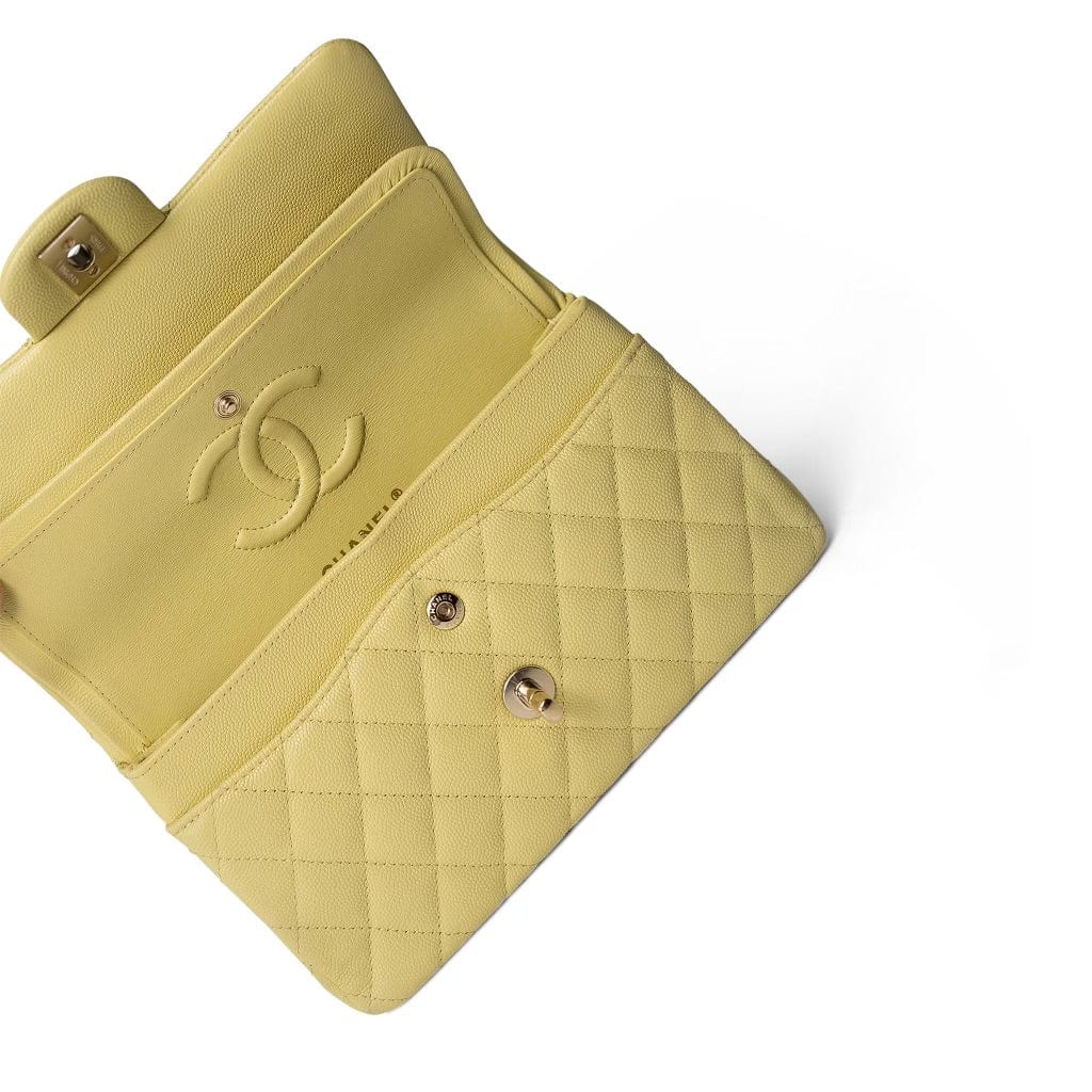 CHANEL Handbag Yellow Yellow Caviar Quilted Classic Flap Small Light Gold Hardware - Redeluxe