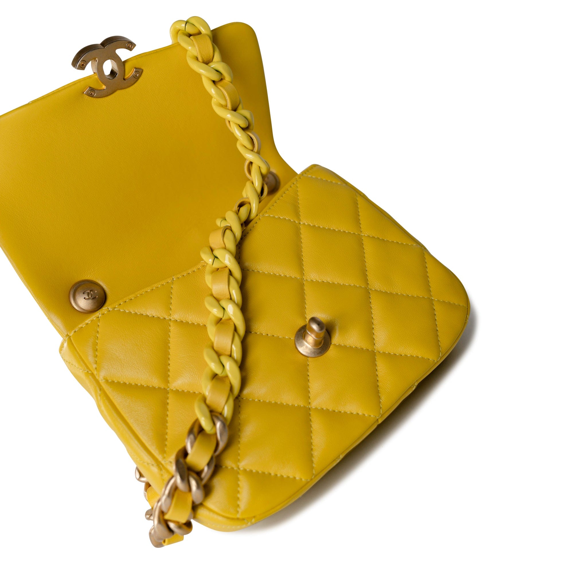 CHANEL Handbag Yellow Yellow Lambskin Quilted Lacquered Metal CC Flap Bag - Redeluxe