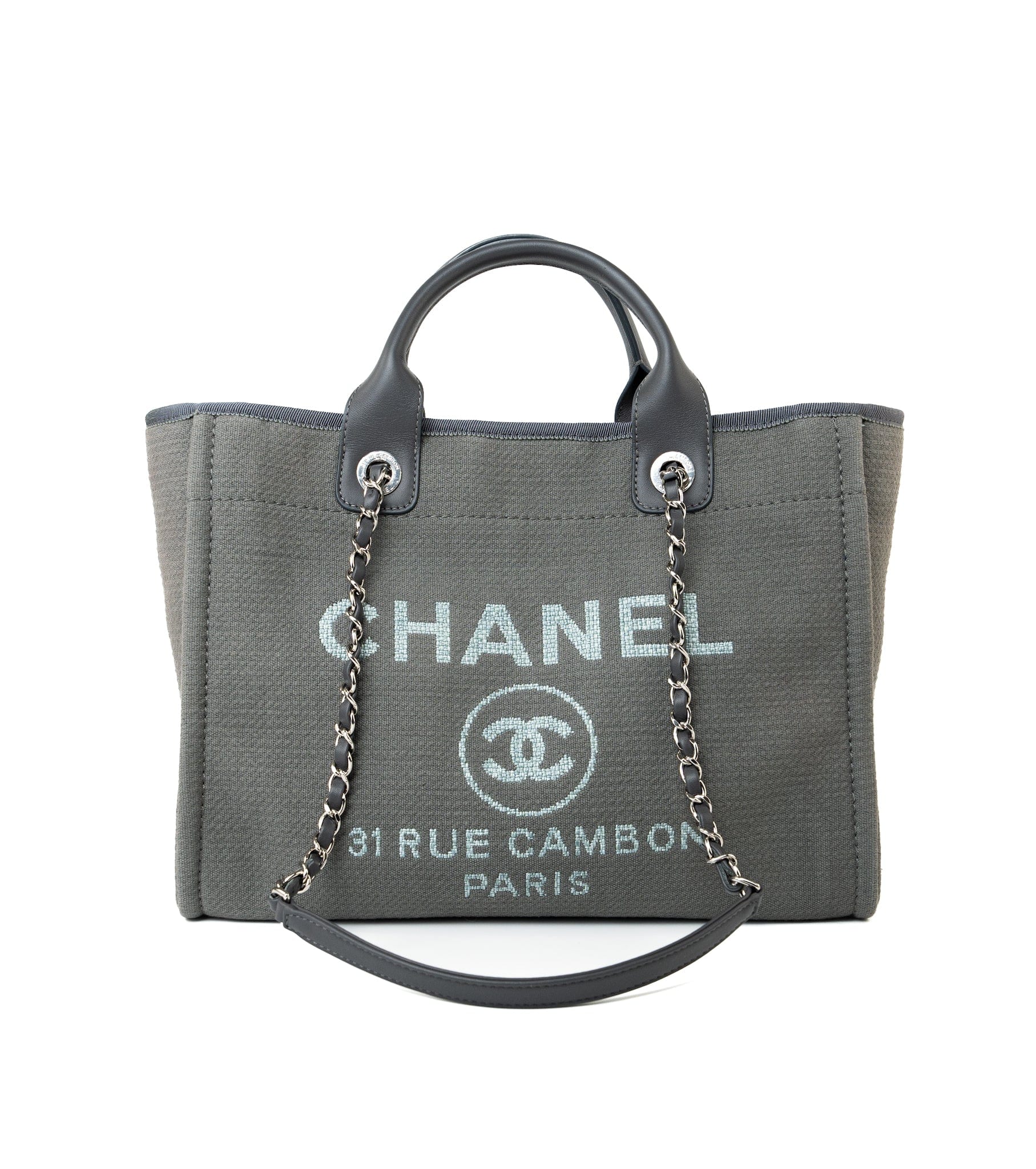 CHANEL Tote 22A Grey Deauville Shopping Tote Small Silver Hardware - Redeluxe