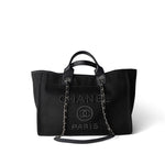 CHANEL Tote Black Black Canvas Pearl Medium Deauville Tote Silver Hardware - Redeluxe