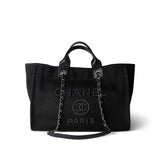 CHANEL Tote Black Black Canvas Pearl Medium Deauville Tote Silver Hardware - Redeluxe