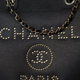 CHANEL Tote Black Caviar Studded Deauville Tote Medium/ Large Light Gold Hardware - Redeluxe